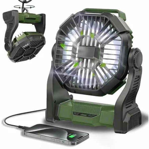 Portable Fan Battery Powered Fan Rechargeable 270 Degree Pivot Battery Operated Camping Fans with LED Light Hook Outdoor Tent Fan with 4 Speeds(Green)