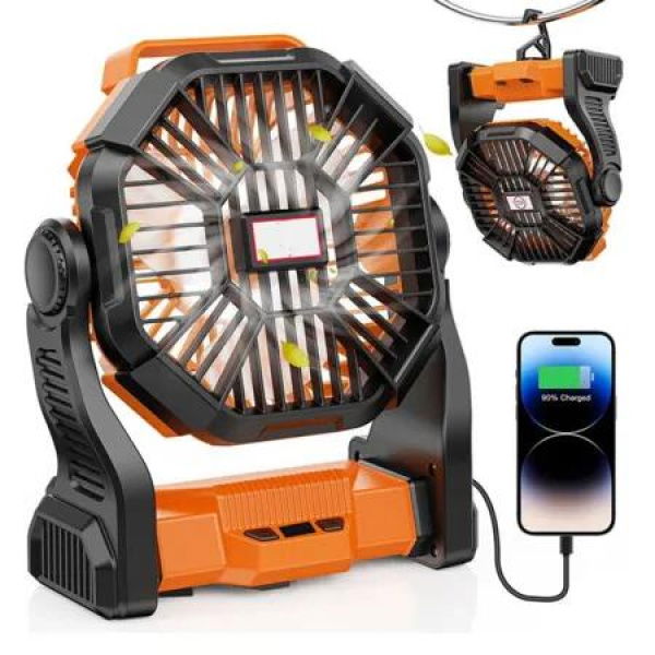 Portable Fan Battery Powered Fan Rechargeable 270 Degree Pivot Battery Operated Camping Fans with LED Light Hook Outdoor Tent Fan with 4 Speeds(Orange)