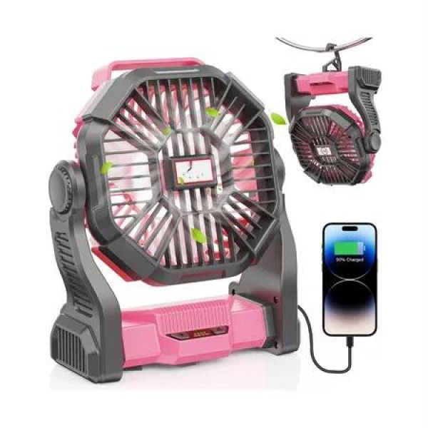 Portable Fan Battery Powered Fan Rechargeable 270 Degree Pivot Battery Operated Camping Fans with LED Light Hook Outdoor Tent Fan with 4 Speeds(Pink)