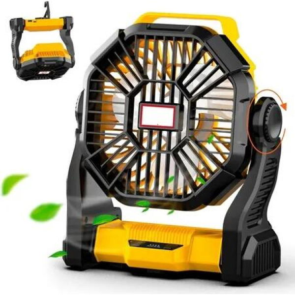 Portable Fan Battery Powered Fan Rechargeable 270 Degree Pivot Battery Operated Camping Fans with LED Light Hook Outdoor Tent Fan with 4 Speeds(Yellow)