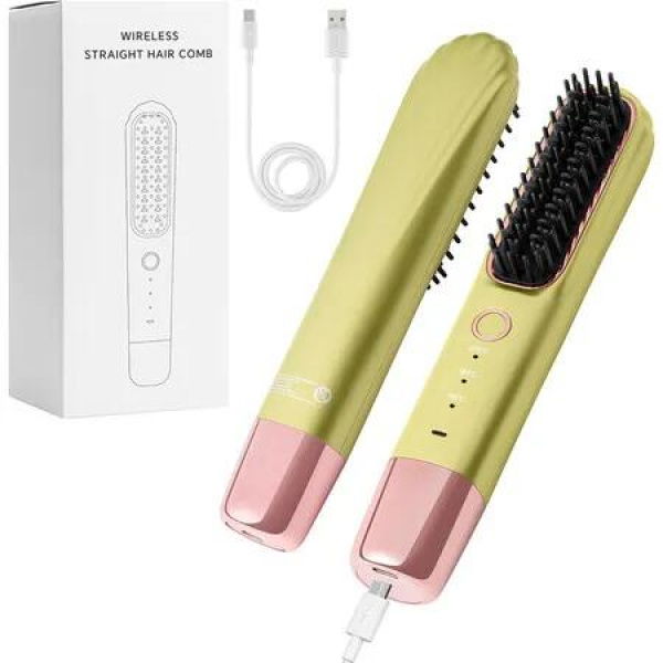 Portable Hair Straightener Brush, Mini Cordless Wireless Hot Comb, Electric Hair Styling Tool for Women Travel (Green)
