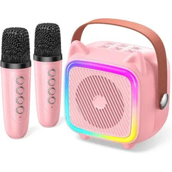 Portable Karaoke Machine with 2 Bluetooth Wireless Microphones and Light Toys Gifts for 3-14 Years Old Girls Boys (Pink)