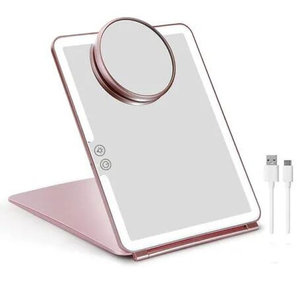 Portable Large Travel Makeup Mirror with Light, Rechargeable Makeup Mirrors with 3 Color Lights, Dimmable Folding with Small 10x Mirror (Pink)