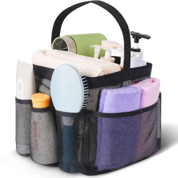 Portable Mesh Shower Caddy Dorm with Large Capacity,8 Pockets,Shower Bag for Beach,Swimming,Gym (Black)