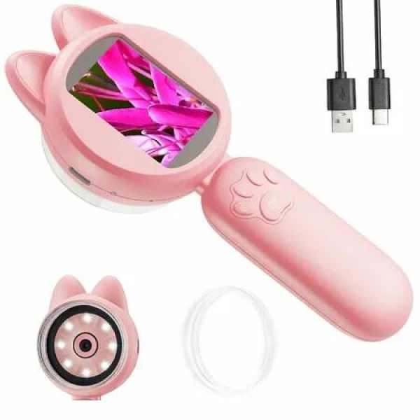 Portable Microscope for Kids 2 Inches LCD Screen with 8 LED Lights,Learning and Education Toys Miniscope Geology-Pink