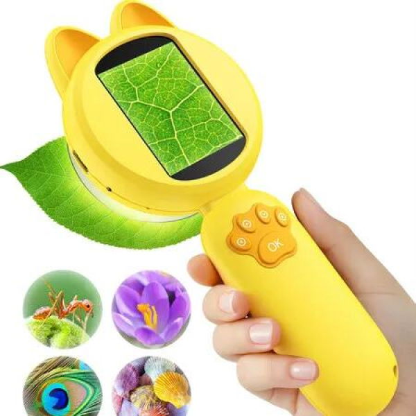 Portable Microscope for Kids 2 Inches LCD Screen with 8 LED Lights,Learning and Education Toys Miniscope Geology-Yellow