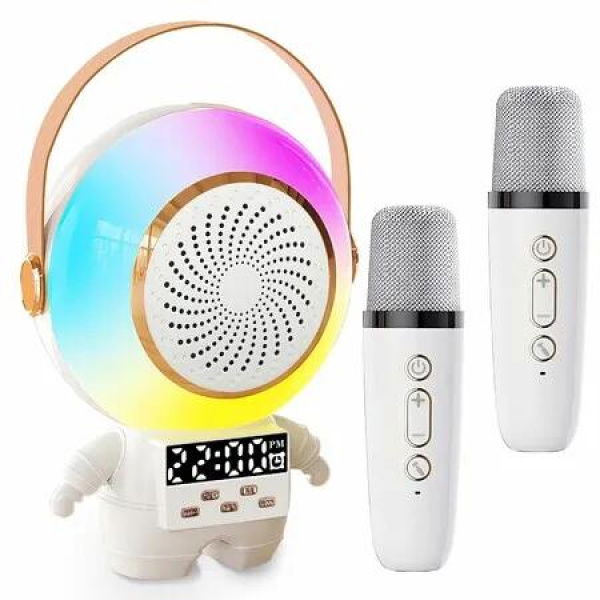 Portable Mini Kids Karaoke Machine Bluetooth Speaker with LED Clock and 2 Wireless Microphones(White)