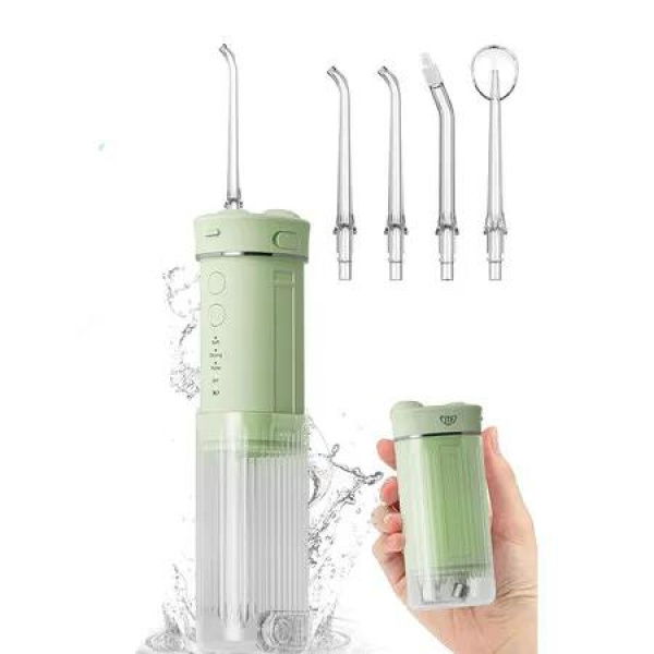 Portable Mini Water Dental Flosser for Teeth Cleaning Travel Oral Irrigator with Telescopic Water Tank, 4 Modes IPX7 Waterproof Design, Green