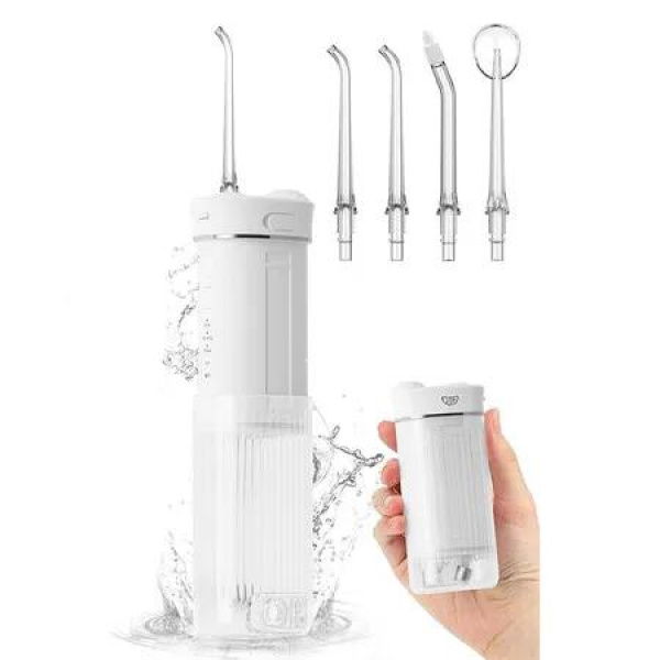Portable Mini Water Dental Flosser for Teeth Cleaning Travel Oral Irrigator with Telescopic Water Tank, 4 Modes IPX7 Waterproof Design, White
