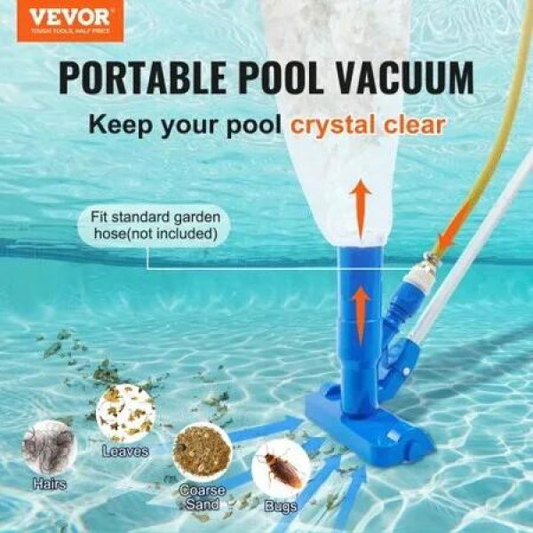 Portable Pool Vacuum, Handheld Pool Vacuum Cleaner with 3 Scrub Brushes & 6 Sections Pole, Swimming Pool Jet Cleaner for Above Ground Pool, Inflatable Pool, Spas, Ponds & Fountains