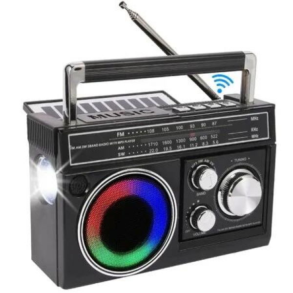 Portable Radio AM FM with Bluetooth Speaker and Flashlight,Strong Reception with Colorful Mood Lights,TF Card,Solar AC Rechargeable for Gift,Elder,Home