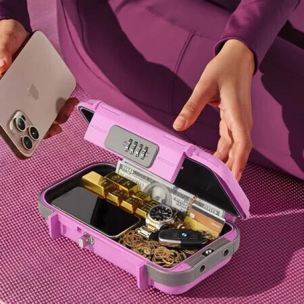 Portable Safe Lock Box Personal Beach Security Case Travel Combination Code Small Waterproof Lockbox Money Cash Deposit Jewelry Home Dorm Office Pink