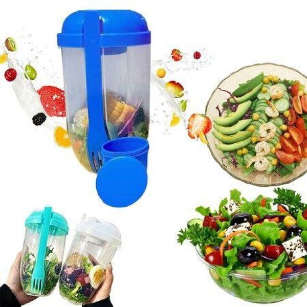 Portable Salad Shaker With Fork And Salad Dressing Holder Health Salad Container For Picnic Portable Vegetable Breakfast To Take Away (Blue)