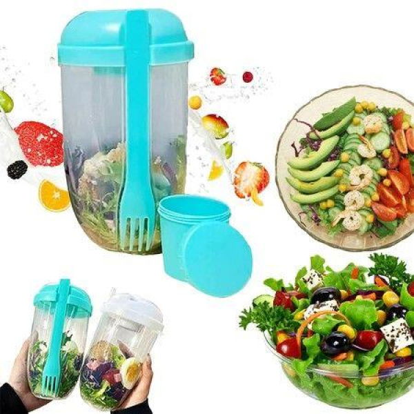 Portable Salad Shaker With Fork And Salad Dressing Holder Health Salad Container For Picnic Portable Vegetable Breakfast To Take Away (Green)