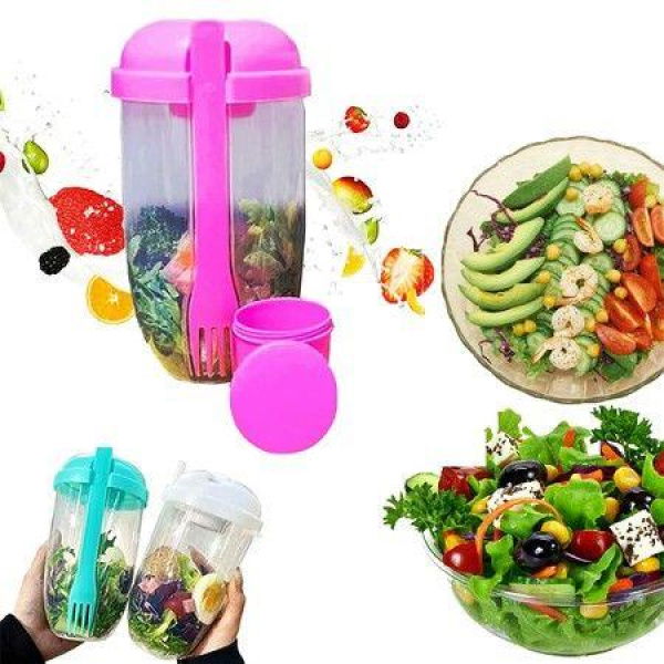 Portable Salad Shaker With Fork And Salad Dressing Holder Health Salad Container For Picnic Portable Vegetable Breakfast To Take Away (Pink)