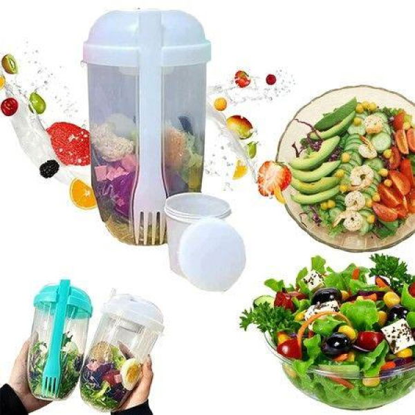 Portable Salad Shaker With Fork And Salad Dressing Holder Health Salad Container For Picnic Portable Vegetable Breakfast To Take Away (White)