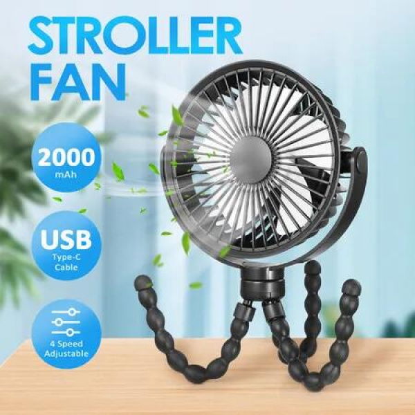 Portable Stroller Fan Desk Clip On USB Battery Powered 4 Speeds Cooling Rotatable Handheld Personal for Car Seat Bike Pram Crib Travel Outdoor