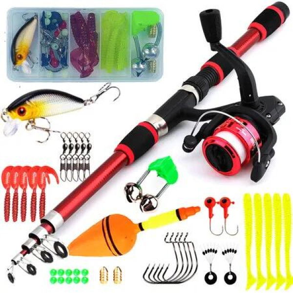 Portable Telescopic Fishing Rod and Reel Combo Kit with Fishing Reel Tackle Box for Boys, Girls, Youth (Red)