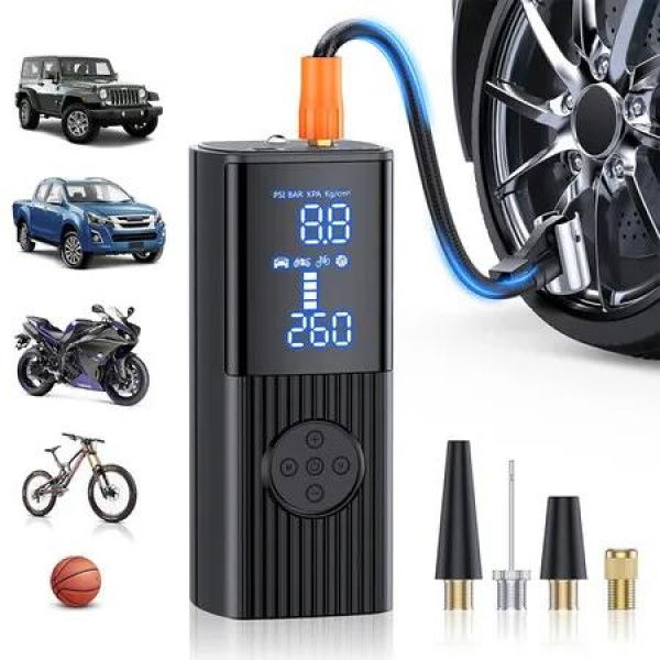 Portable Tire Inflator Air Compressor, Portable Air Pump, Accurate Pressure LCD Display,Fast Inflation for Cars, Bikes, Motorcycle and Ball