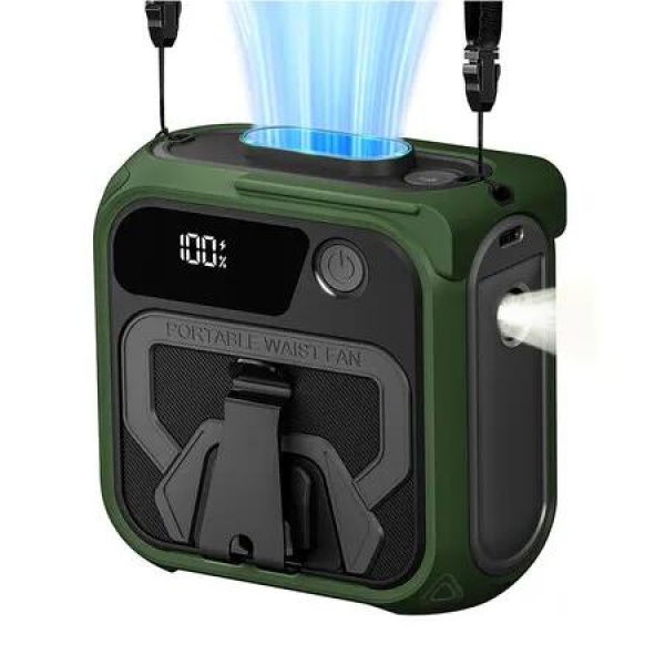 Portable Waist Fan Clip On,5-Speed Turbo 16000RPM Cooling,36H Runtime Rechargeable Fans 10000mAh with Light,Portable Fans for Camping Hiking (Green)