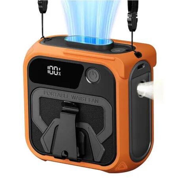 Portable Waist Fan Clip On,5-Speed Turbo 16000RPM Cooling,36H Runtime Rechargeable Fans 10000mAh with Light,Portable Fans for Camping Hiking (Orange)