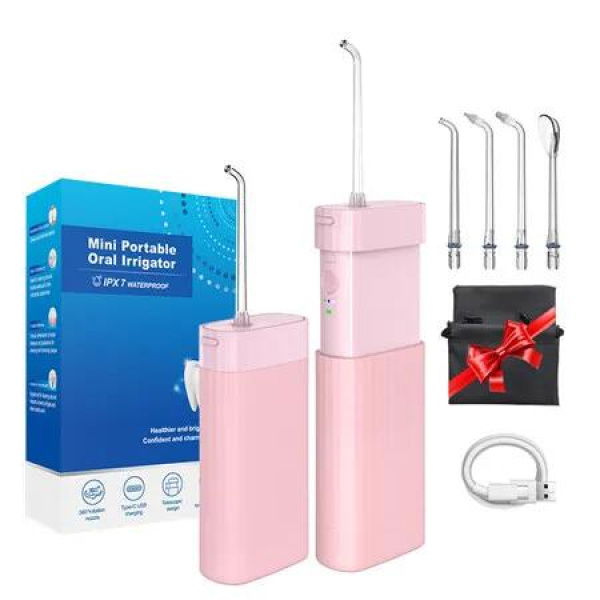 Portable Water Flosser,Travel Water Flosser Picks,Mini Cordless Oral Irrigator Rechargeable Power Dental with Telescopic Water Tank, IPX7 Wateroproof,Pink