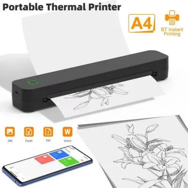 Portable Wireless Thermal Paper Printer,Tattoo Transfer Stencil Printer With 10pcs Thermal paper,Compatible with Smartphone PC Color Black