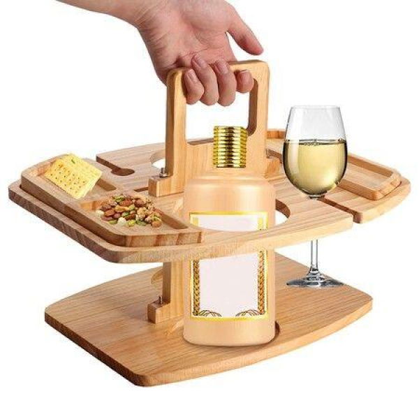 Portable Wooden Picnic Table Mini Furniture Snack Cheese Wine Tray With Glass Holder For Camping Beach Park