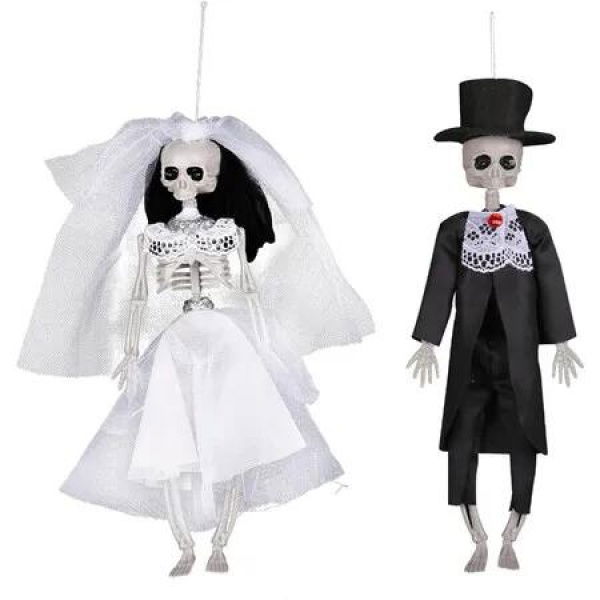 Poseable Hanging Skeleton Bride and Groom Halloween Decorations for Themed Parties,Festivals,and Haunted Houses - Spooky Wedding Couple Props (Bride&Groom)