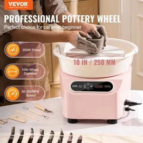 Pottery Wheel, 10 inch Pottery Forming Machine, 350W Electric Wheel for Pottery with Foot Pedal and LCD Touch Screen, Direct Drive Ceramic Wheel with Shaping Tools for DIY Art Craft, Pink