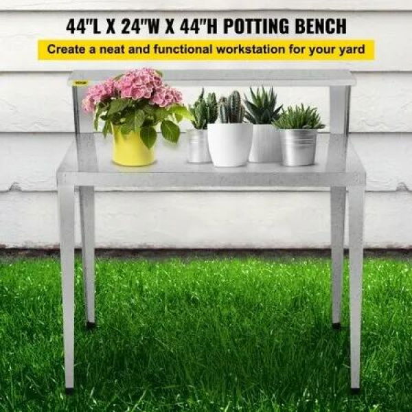 Potting Bench, 44L x 24W x 44H in, Weathering Steel Outdoor Workstation with Rubber Feet, Multi-use Double Layers Gardening Table for Greenhouse, Patio, Porch, Backyard, Silver