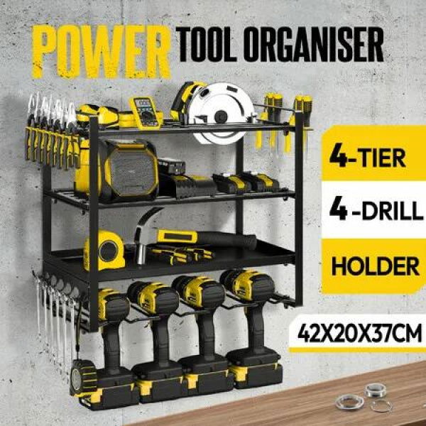 Power Tool Organiser 4 Tier Wall Mounted Garage Shelving Unit Metal Storage Shelves Rack Drill Wrench Holder Warehouse Hanger