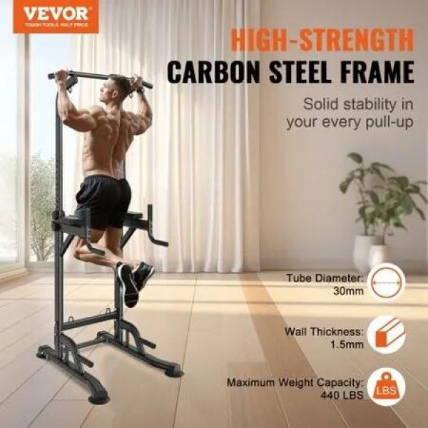 Power Tower Dip Station 10-Level Height Adjustable Pull Up Bar Stand Multi-Function Home Gym Strength Training Fitness Workout Equipment with 7-Level