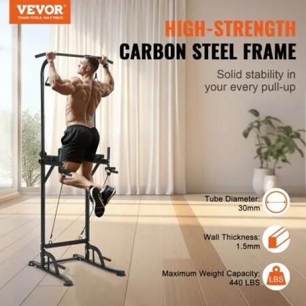 Power Tower Dip Station 10-Level Height Adjustable Pull Up Bar Stand Multi-Function Strength Training Fitness Workout Equipment