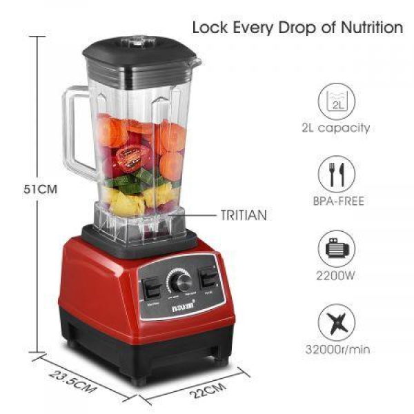 Powerful 2200W Home/Business 2L Food Blender Smoothie Maker Juicer Grinder With High-Speed Blade - Red.