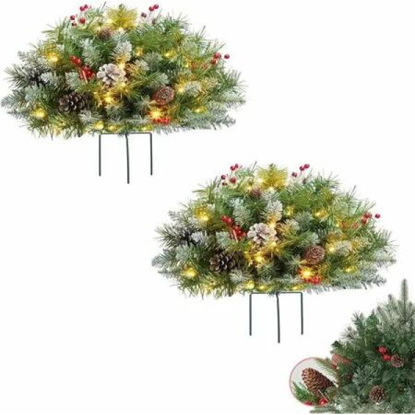 Prelit Planter Bushes,2025 Holiday Planter Filler,Prelit Planter Bushes Christmas,Topsworth Prelit Planter Bushes with Led Lights & Red Berries (White 2pc)