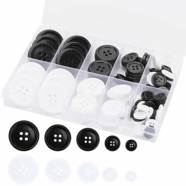 Premium 100 Pcs Resin Sewing Buttons,Eco-Friendly 4-Hole Craft Buttons,5 Sizes of Black Round Mixed Buttons Suitable for Sewing,DIY and Holiday Decoration (Black & White)