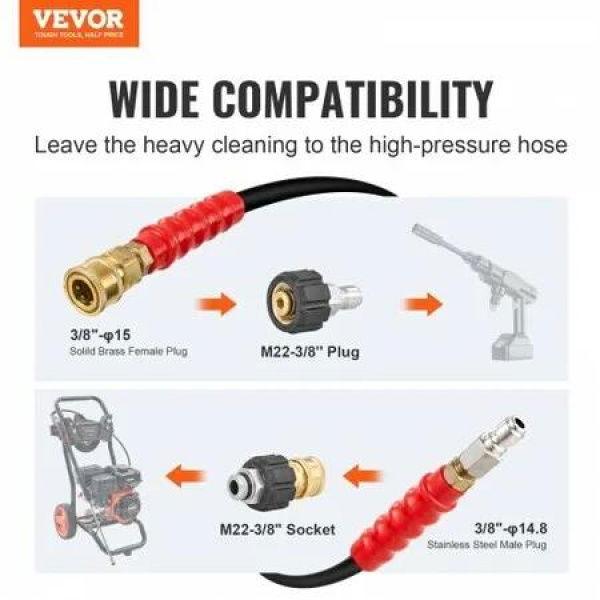 Pressure Washer Hose, 100FT, Kink Free 3/8'-Ï†14.8 Male, 3/8'-Ï†15 Female For Most Brand Pressure Washers, 4.9'' Bending Radius, 4800 PSI Heavy Duty Power Washer Extension Replacement Hose