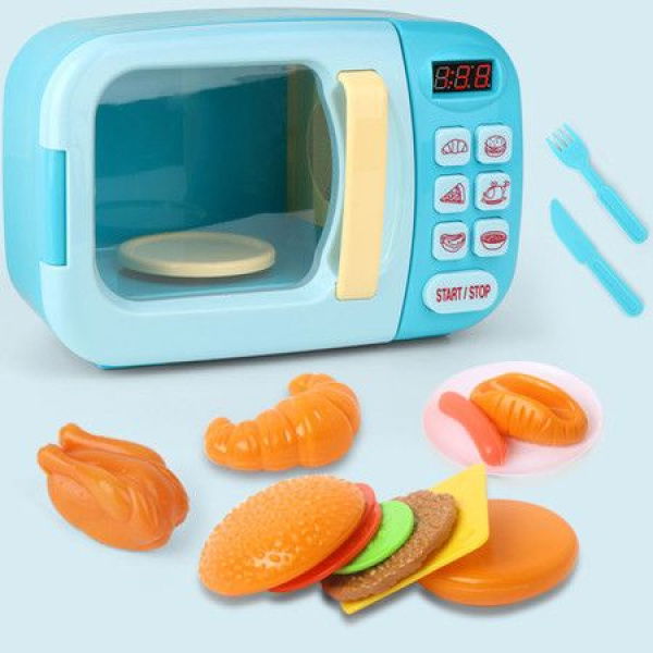 Pretend Microwave Kitchen Play Set With Light & Sound For Kids (Blue)