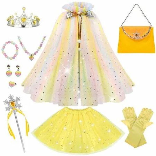 Princess Dress Up Clothes for Little Girl,11Pcs Princess Cape with Crown,Princess Dresses for Girl Age3+ Birthday Gift (Yellow)