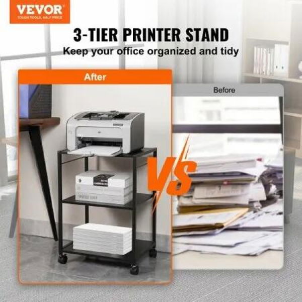 Printer Stand 3-Tier Rolling Printer Cart with Hooks and Storage Shelves