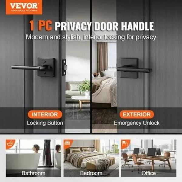 Privacy Door Handle, 1 Pack Matte Black Door Lever, Left or Right Handing Reversible Lever with Keyless Lock, 45Â° Rotation to Open, Square Interior Door Handles for Bedroom and Bathroom Doors