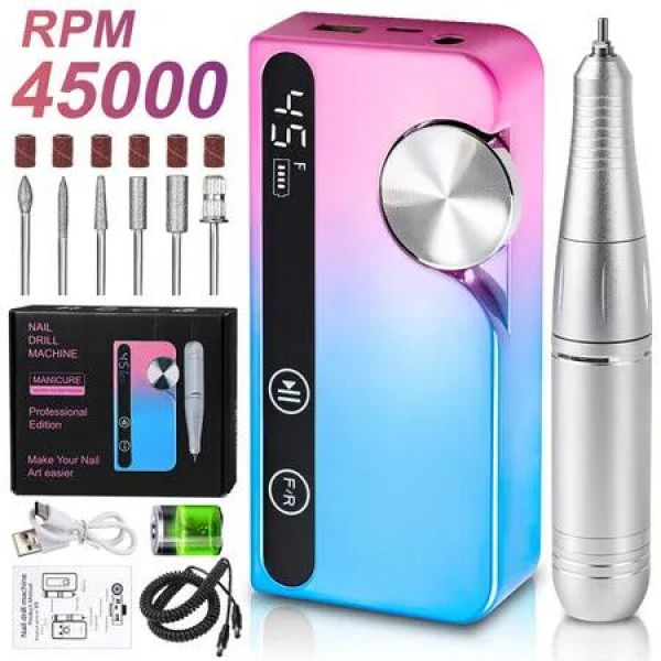 Professional 45000RPM Electric Portable Nail Drill Machine Rechargeable Low Noise Nail Sander File for Manicure Salon Tool Gradient Color