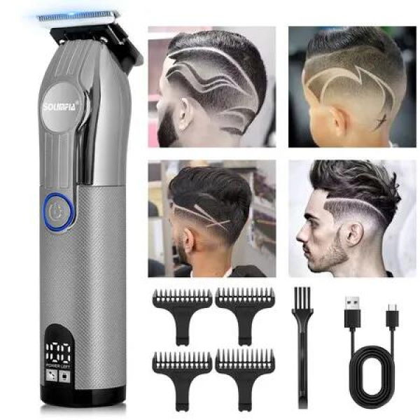 Professional Barber Hair Clipper Rechargeable Electric Finish Cutting Machine Beard Trimmer Shaver Cordless Work Grooming Kit Color Silver