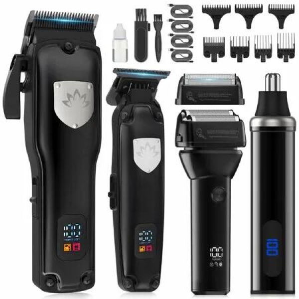 Professional Cordless Hair Clippers Trimmer Grooming Set for Men T-Shaper Trimmer & Foil Shaver Nose & Ear Hair Trimmer with LED Display-Black