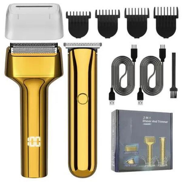 Professional Hair Trimmer Set 2 in 1 Beard Trimmer Electric Shaver T-Blade Hair Trimmer Rechargeable Care Set Men's Gifts-Gold