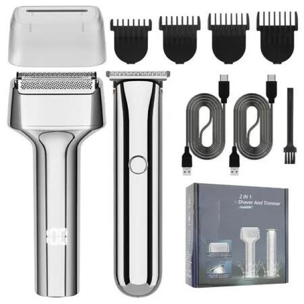 Professional Hair Trimmer Set 2 in 1 Beard Trimmer Electric Shaver T-Blade Hair Trimmer Rechargeable Care Set Men's Gifts-Silver