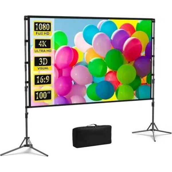 Projection Screen with Stand,100 inch Portable Movie Screen 16:9 HD 4K Double Sided Projection Screen with Carry Bag Indoor Outdoor for Home Theater