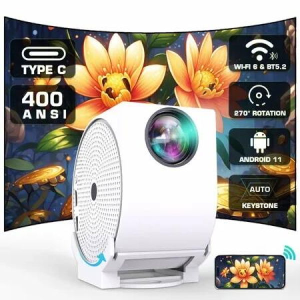 Projector with WiFi and Bluetooth,Android Smart Projector 4K Support Portable Video 270 Degree Adjustable Auto Keystone Focus,Outdoor Movie Projector