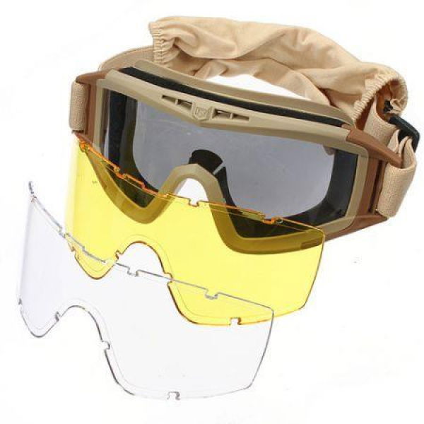 Protective Goggle Glasses With 3 Lenses For Motorcycle CS Sports Tan